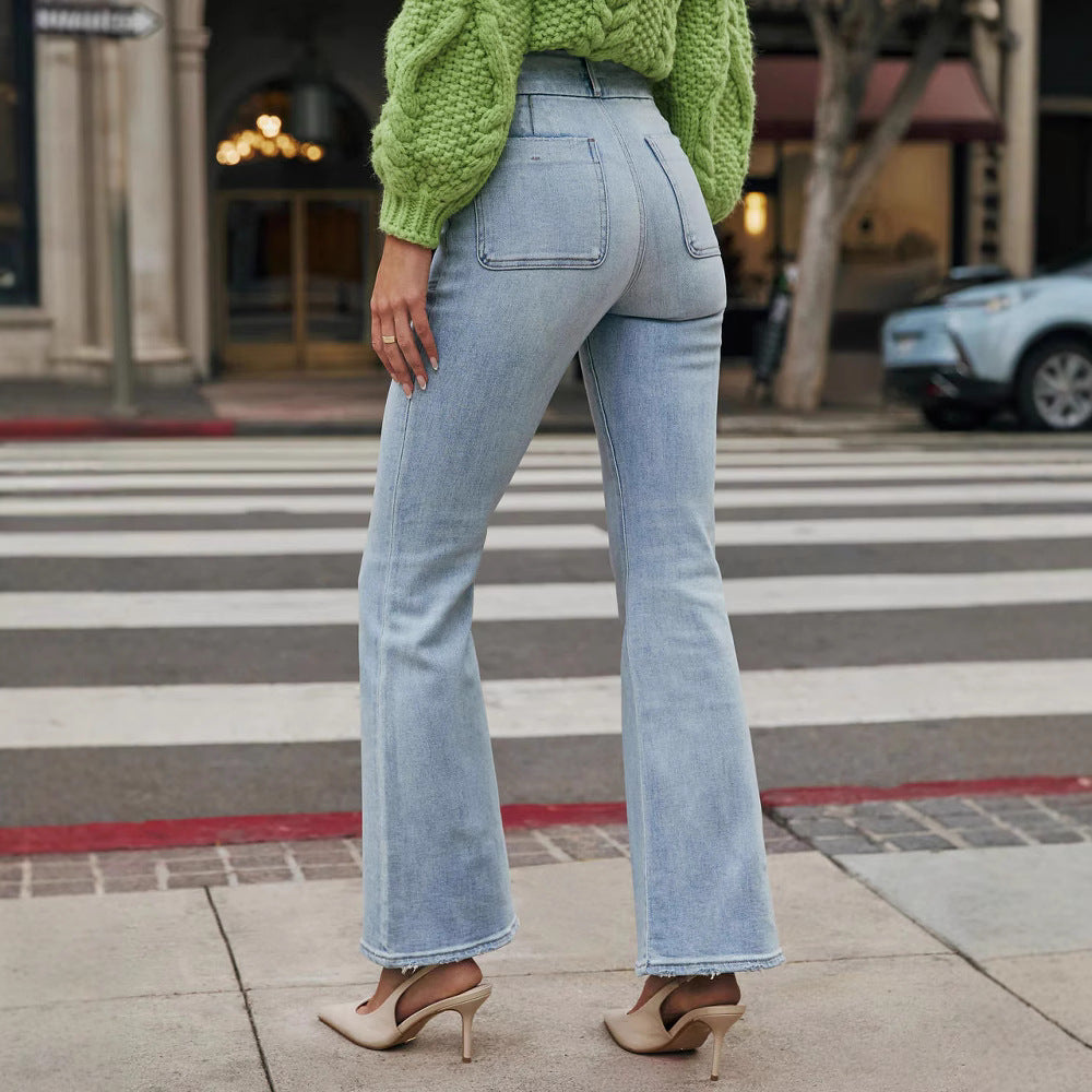 Women Elastic Bell Bottom Button Denim Pants 3