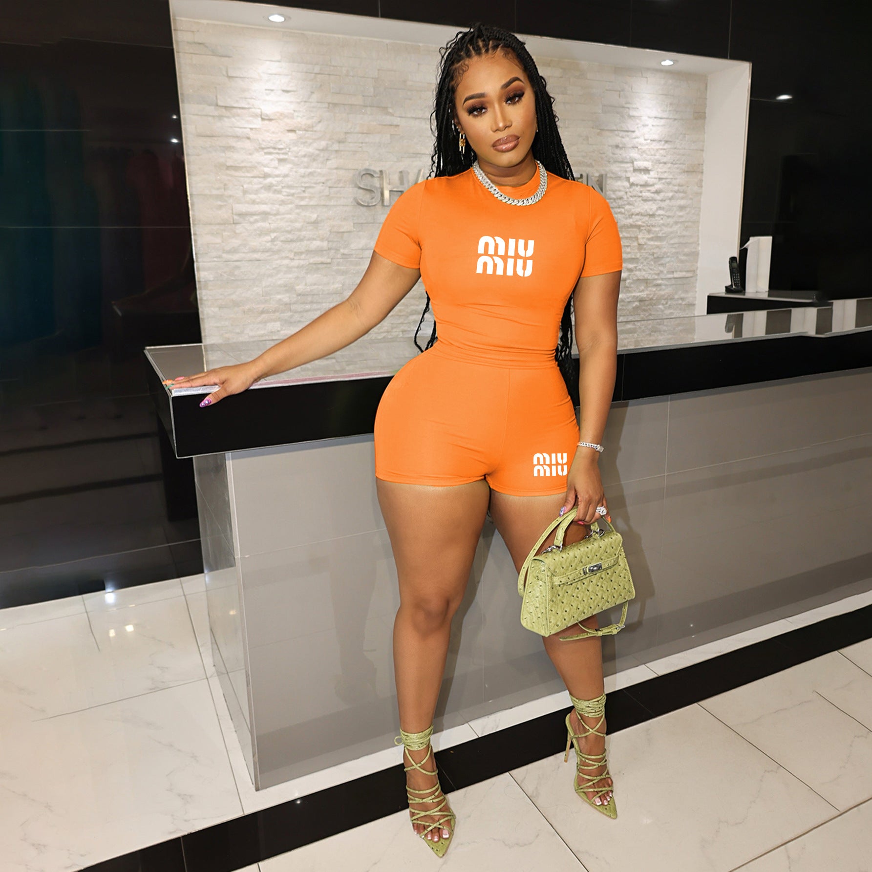 Solid Color Sporty Casual Short Sleeve Two-Piece Shorts Set Women's Wear 8