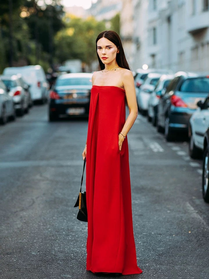 Solid Strapless Loose Swing Wide Leg Jumpsuit