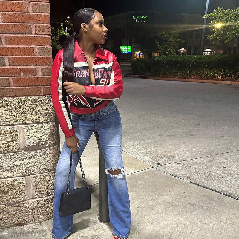 Women Embroidered Turndown Collar Zipper Crop Jacket 5