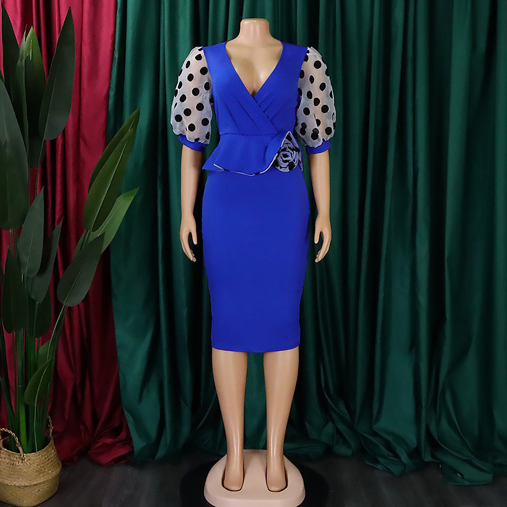 Women Summer mesh flocked puff sleeves V-neck Bodycon dress 39