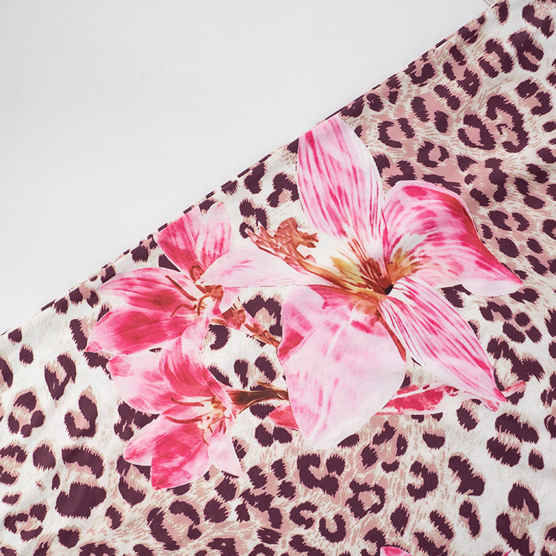 Women's Chic Flower Leopard Print V-neck Low Back Slim Long Dress 26