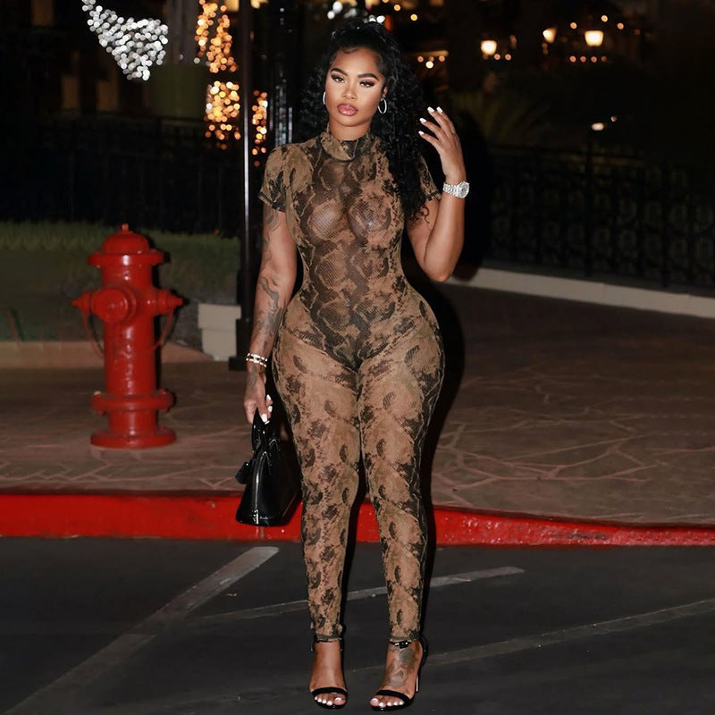 Summer Women sexy backless print see-through mesh jumpsuit 18