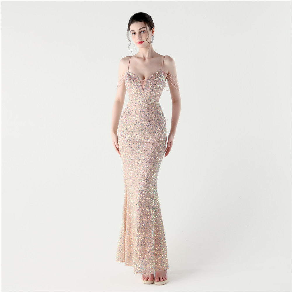 Sequin Beaded Wedding Party Dress Slim Long Evening Gown for Dinner Events 8