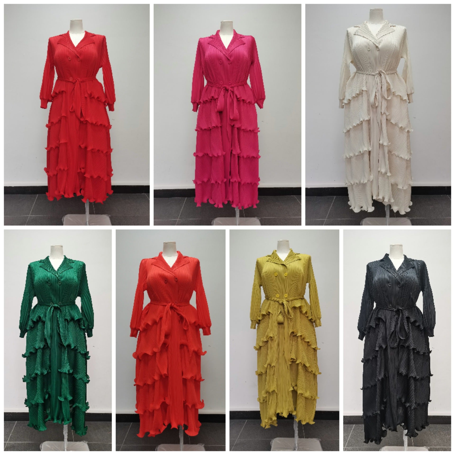 Plus Size Women Pleated Ruffle Edge Lace Lantern Sleeve Dress 16