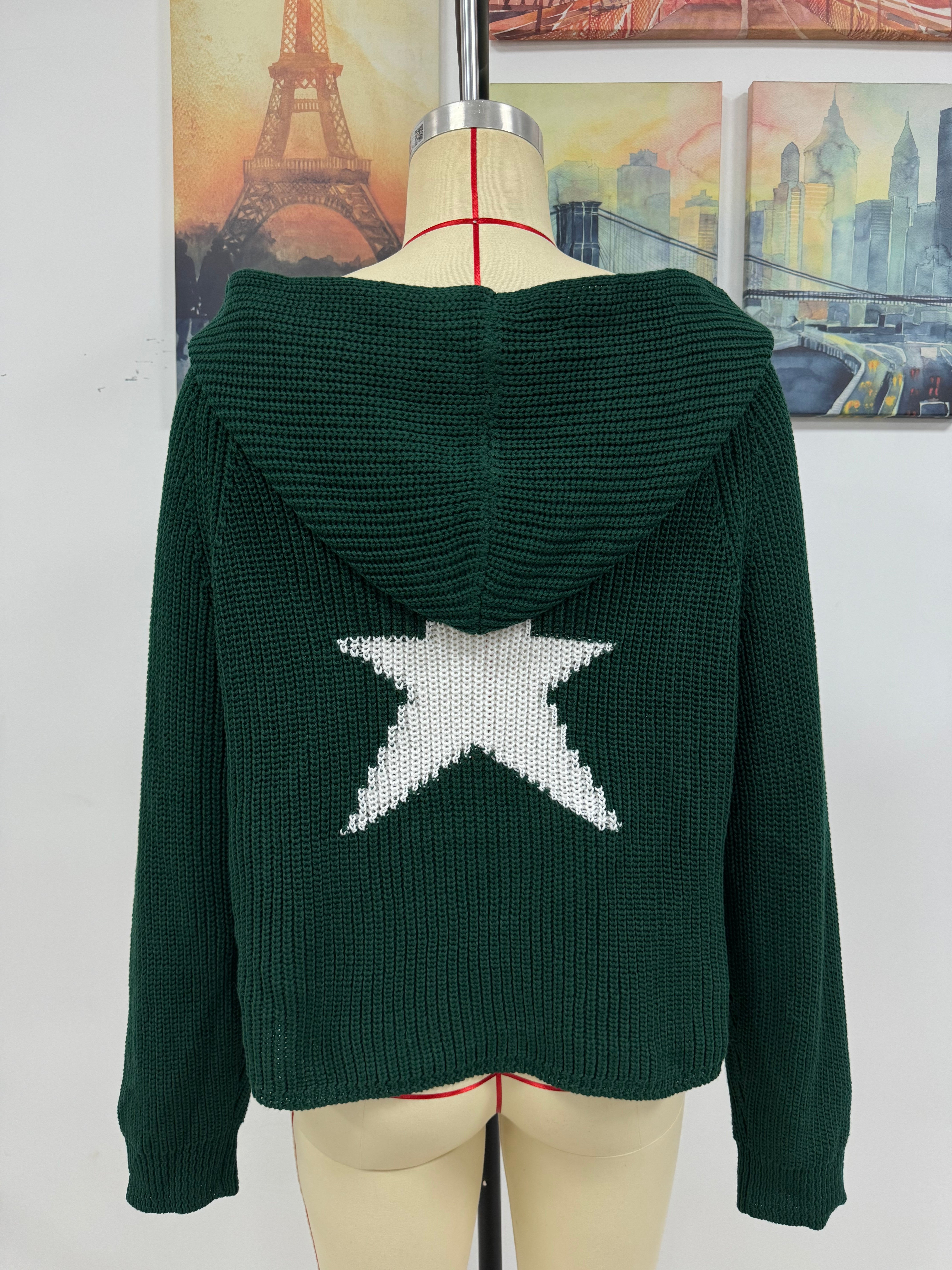 Women Autumn Winter Pullover Hooded Knitting Shirt Pocket Long Sleeve Five-Pointed Star Sweater 23