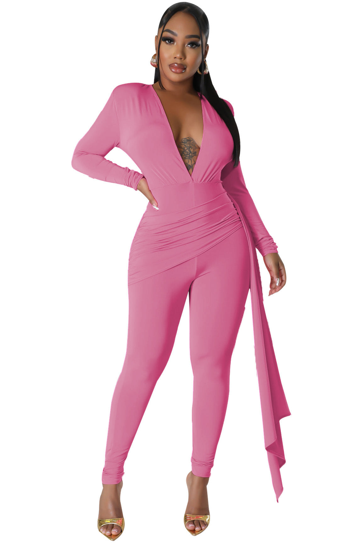 Women's Solid Color Sexy Deep V Neck Tight Fitting Long Sleeve Jumpsuit 12