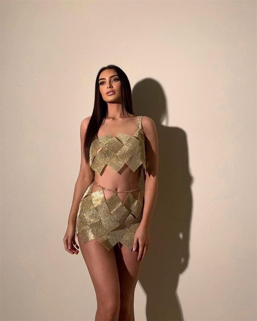 Women's Nightclub Style Sexy Diamond Sequin Checkered Two Piece Skirt Set 11