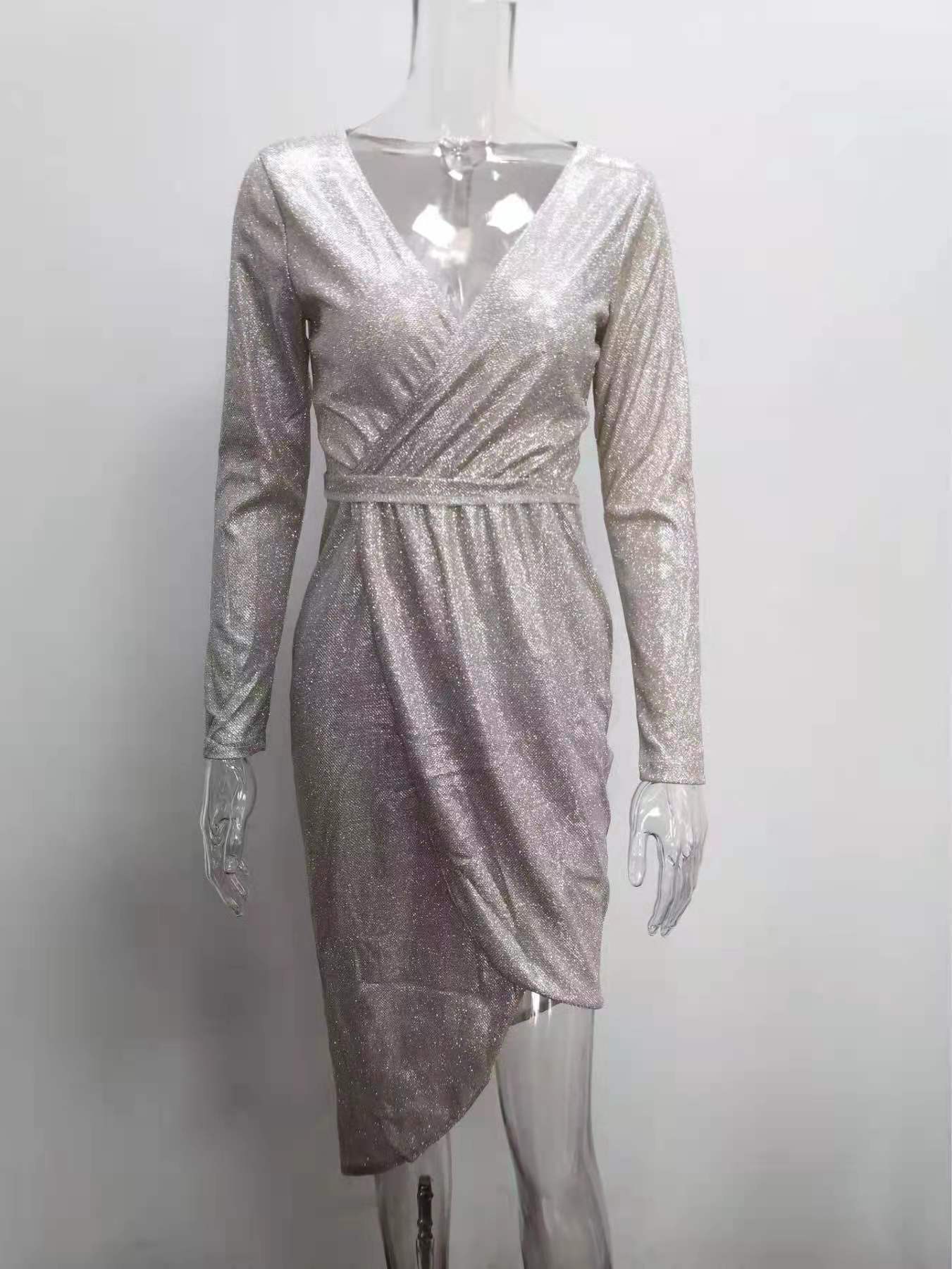 Women Shiny long-sleeved V-neck sparkling evening sexy dress 32