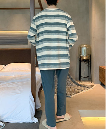 Men's Cotton Pajama Set Long Sleeve Top and Pants Comfortable Sleepwear Casual Home Lounge Wear for Spring and Fall 11