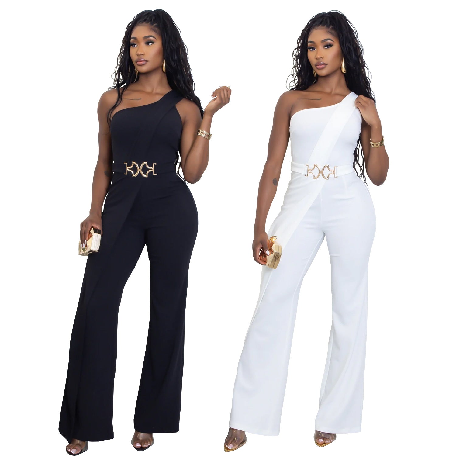 Women Summer Elegant Slash Shoulder Jumpsuit 7