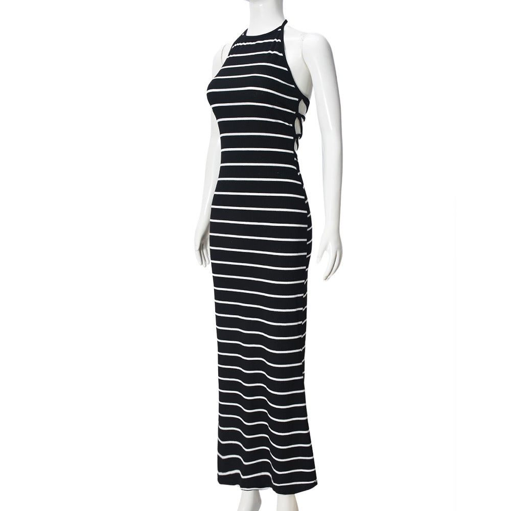 Women Summer Backless Lace-Up Stretch Stripe Halter Neck Dress 8
