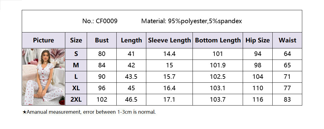 Women Casual Heart Print wave edge short sleeve Top and trousers Pajama two-piece set 9