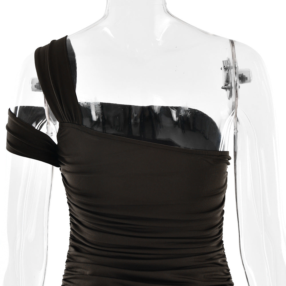 Summer Trendy Sexy Slash-Shoulder Slit Solid Color Ruched Sleeveless Maxi Dress 14