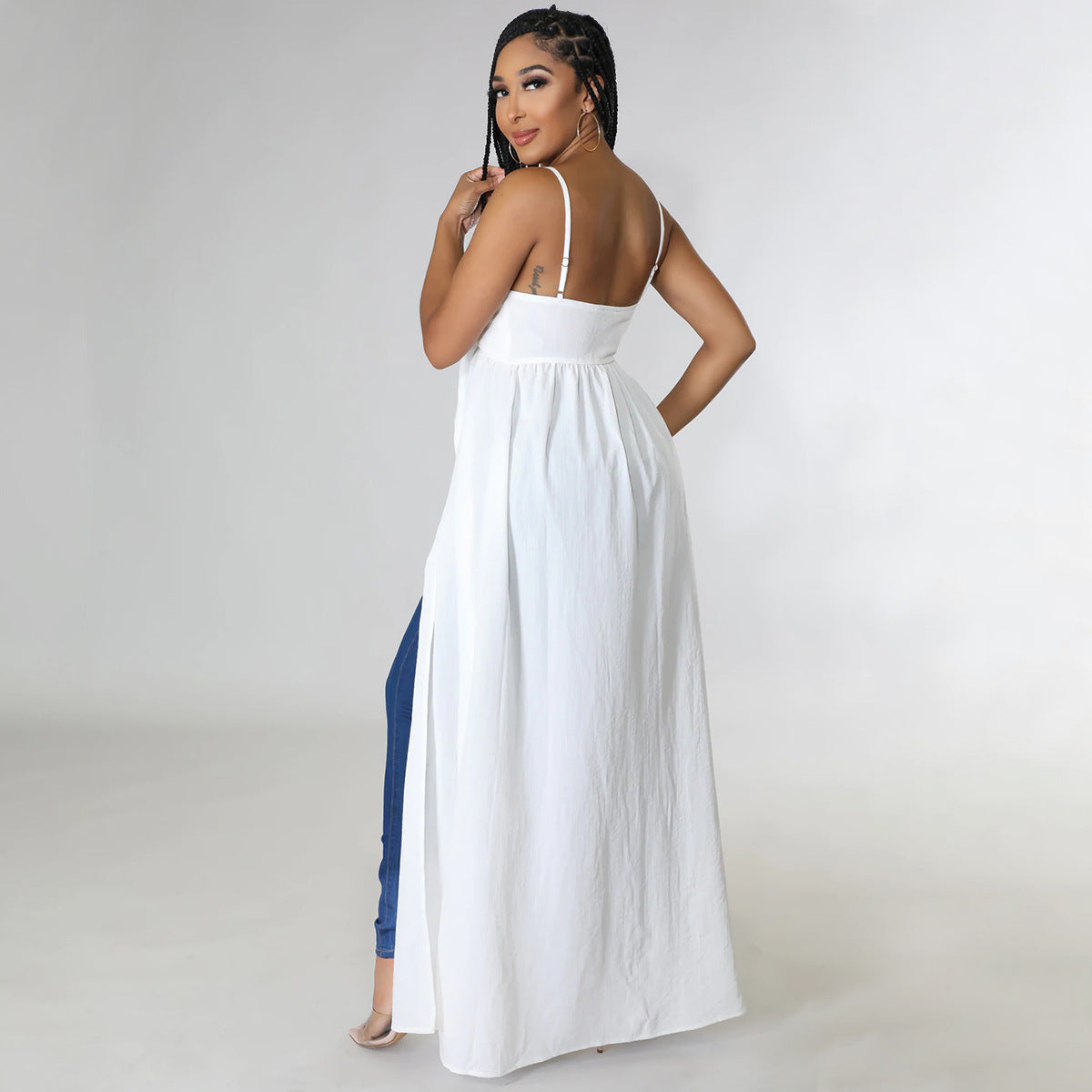 Women Sexy strap Irregular V-neck Slit Long T-Shirt 4