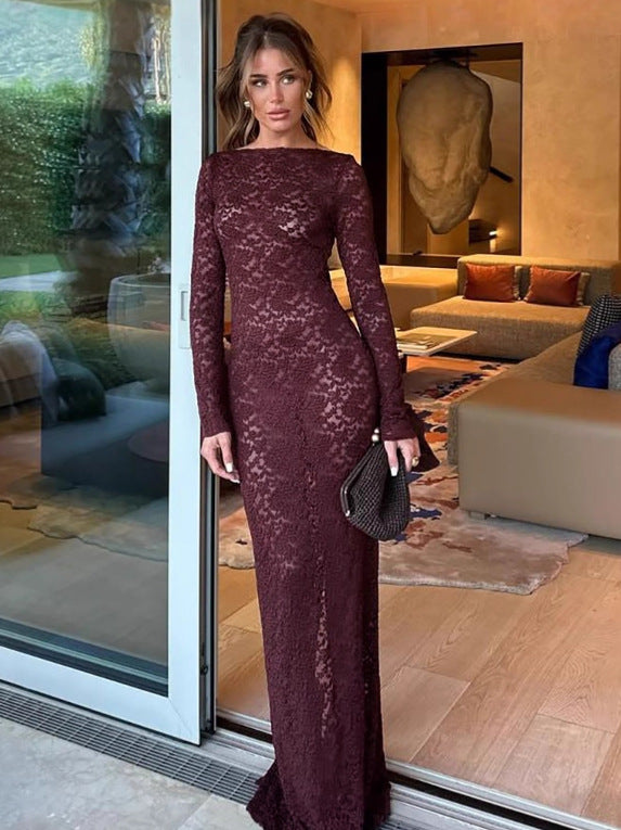 Women's Autumn Sexy Cut-Out Slim Lace Long Sleeve Dress 3