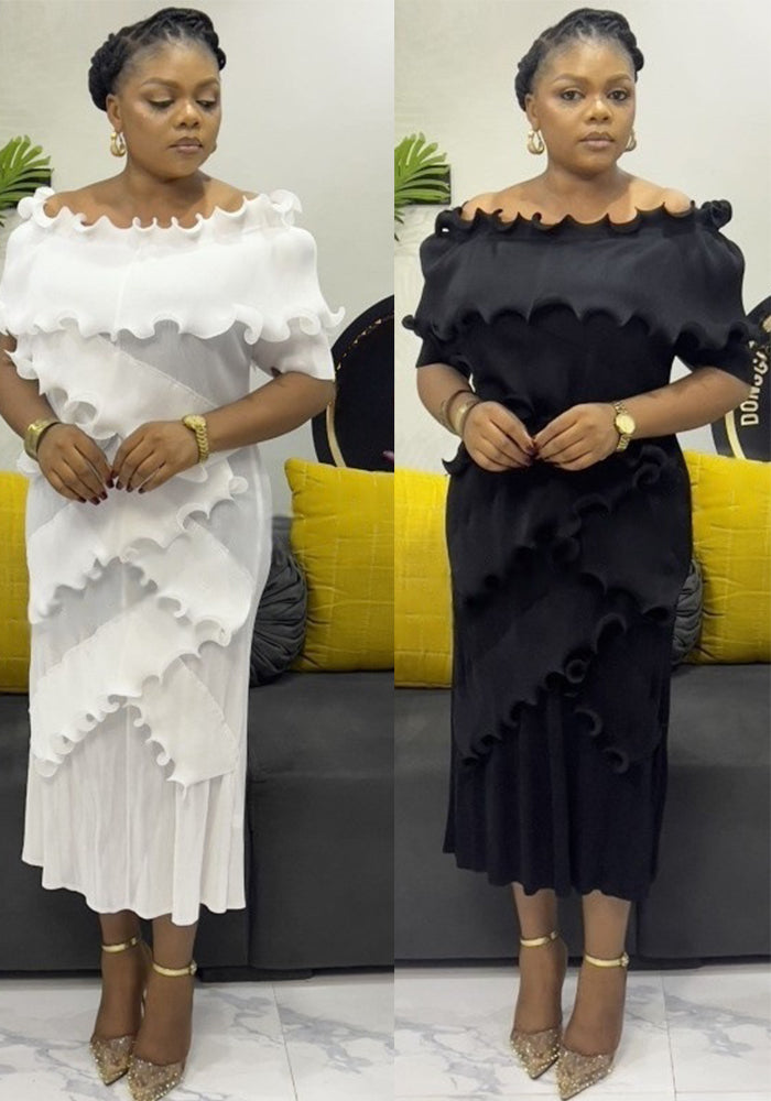 Plus Size African Women Off Shoulder Ruffle Edge Dress