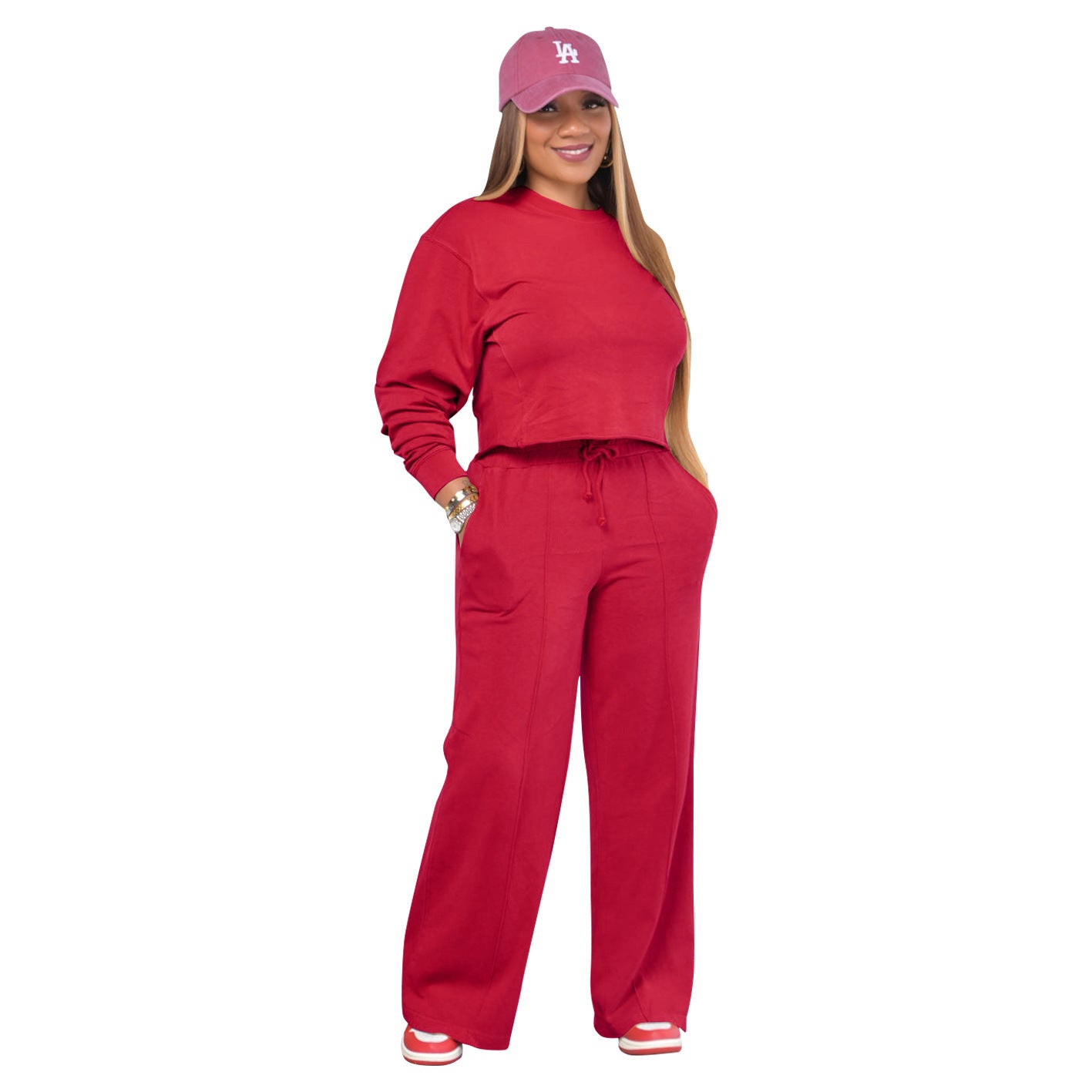 Women's Autumn And Winter Solid Color Round Neck Casual Sports Two-Piece Pants Set 15