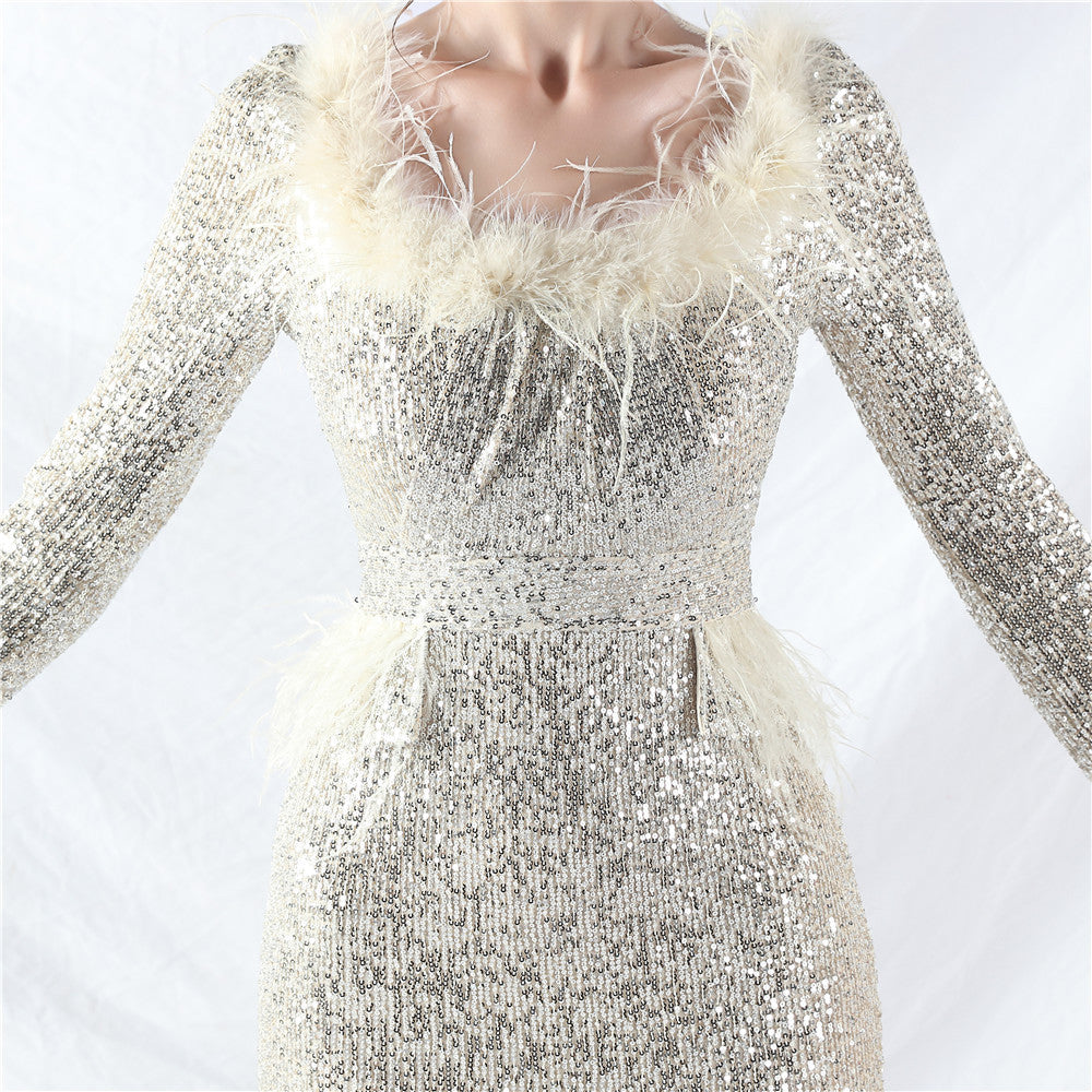 Women ostrich feather long-sleeved sequined evening dress 37