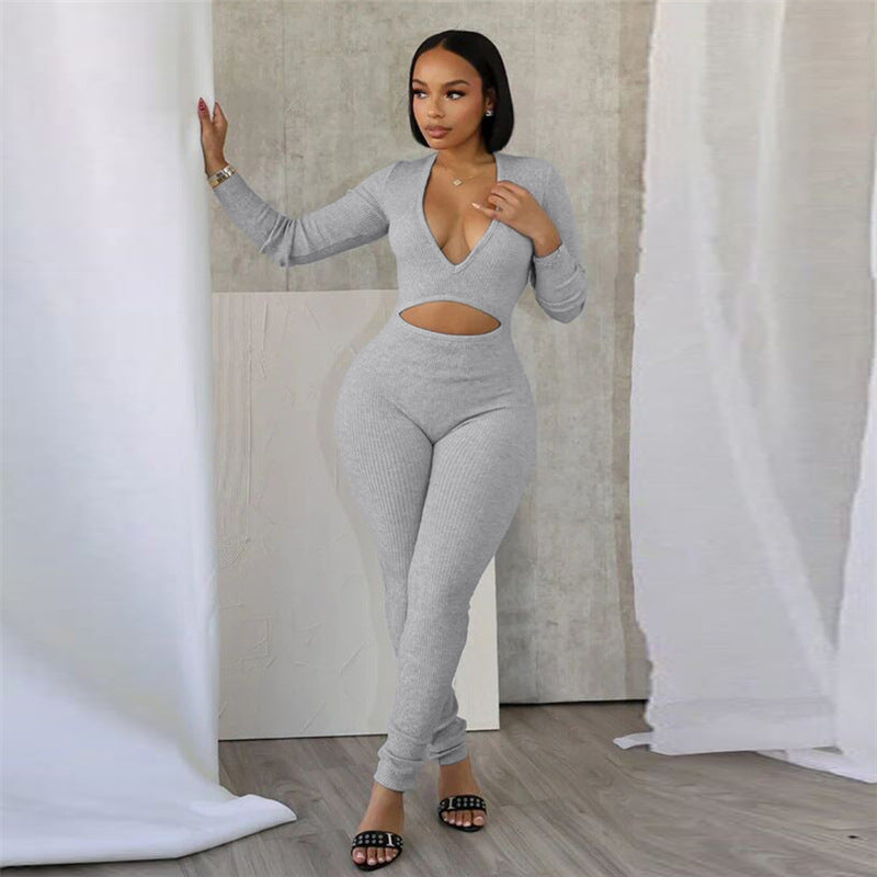 Autumn And Winter Sexy Deep V-Neck Hollow Tight Fitting Long-Sleeved Solid Color Sports Jumpsuit 5