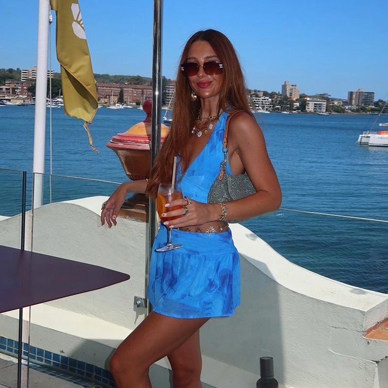 Sexy Holidays Printed Halter Neck Straps Top  & Mesh Skirt Set 4