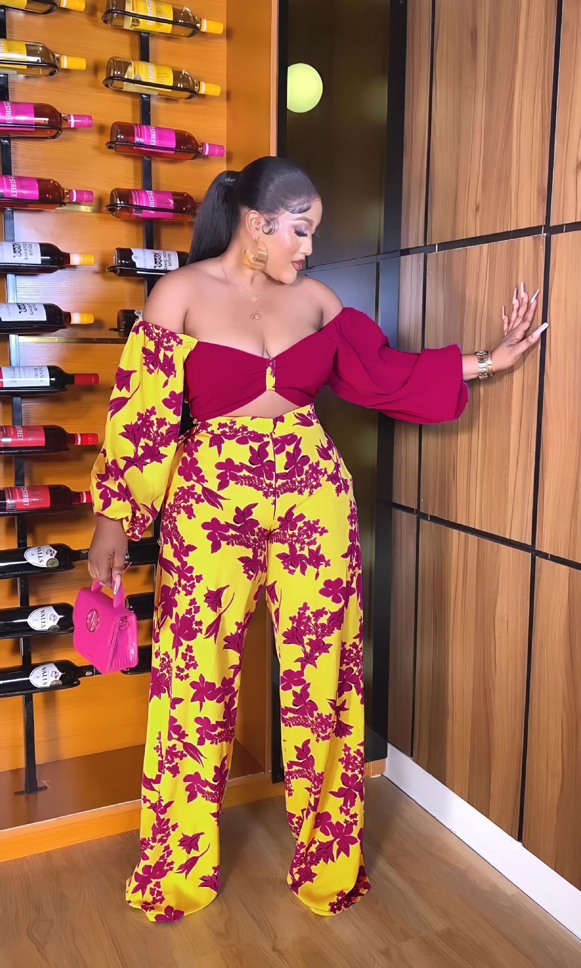 Patchwork Off Shoulder Long Sleeve Fashion High Waist Print Hollow Out Casual Jumpsuit 5