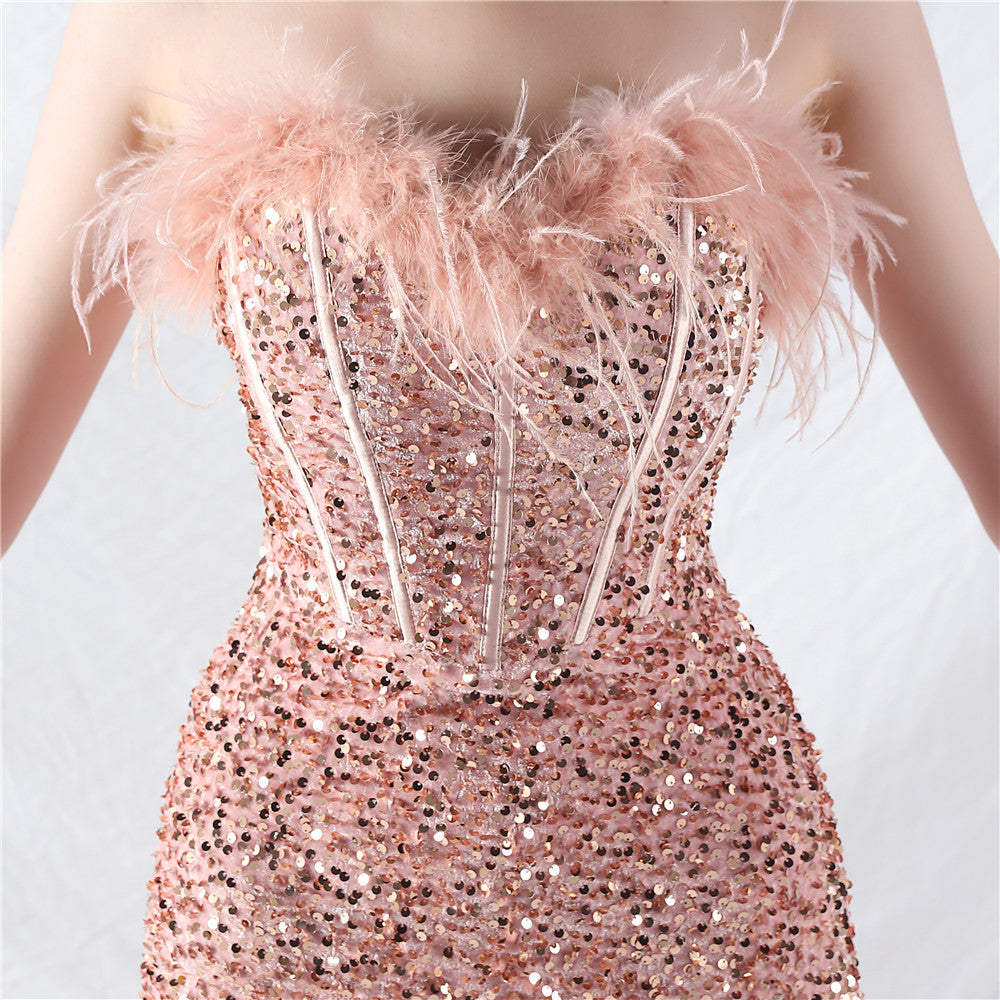 Women palace fishbone vest-ordered ostrich plush bottom sequined evening dress 22