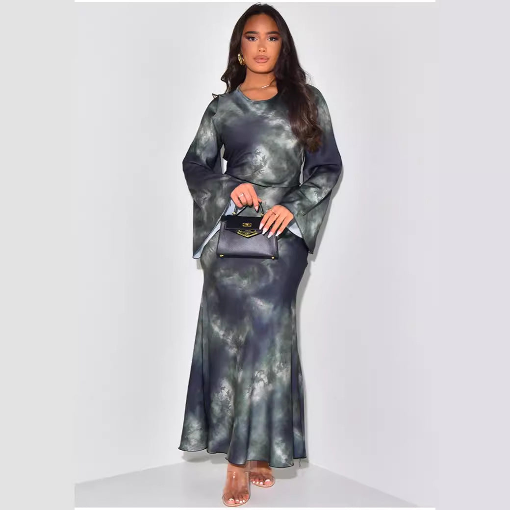 Loose Printed Casual Long Satin Dress 11