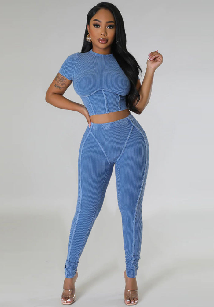 Solid Round Neck Tight Fitting Sexy Women's Sport Two Piece Pants Set