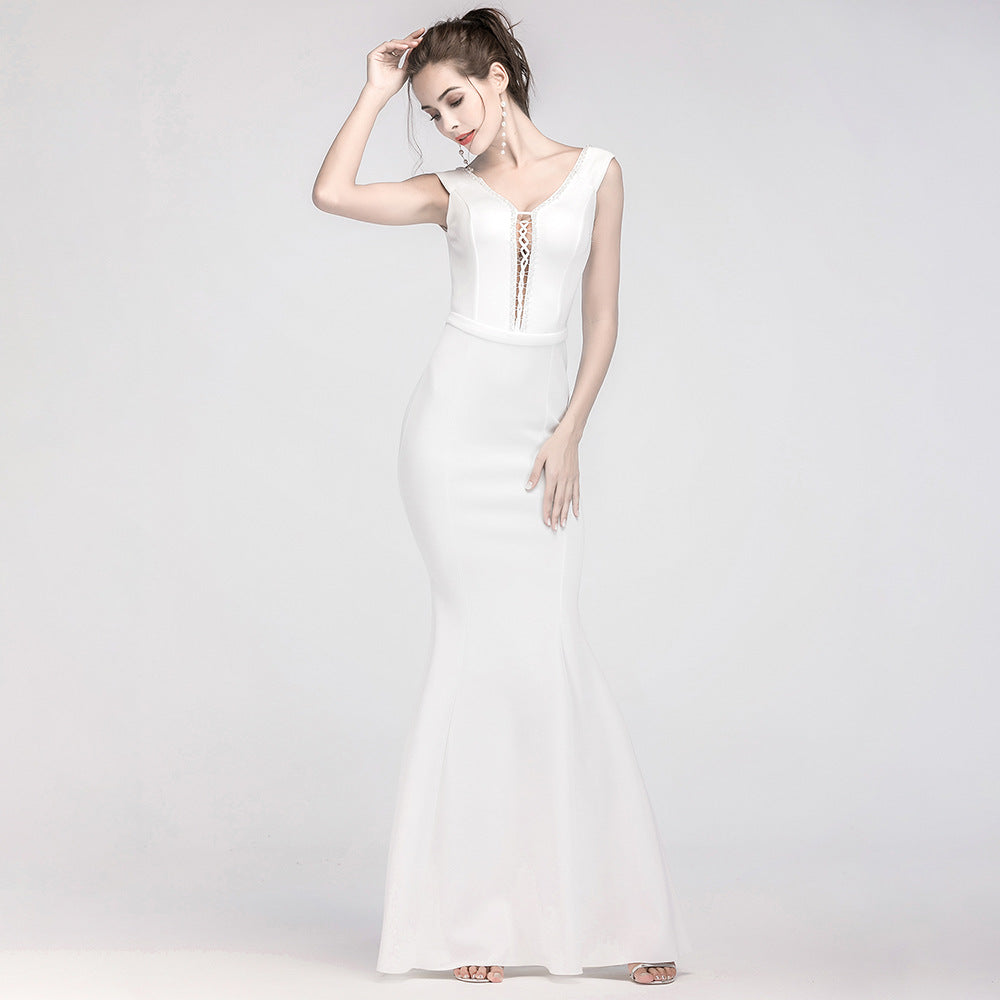 Women Elegant V Neck Slim Formal Party Maxi Mermaid Evening Dress