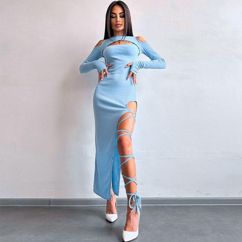 Women Sexy Solid Long Sleeve Hollow Slit Dress 3