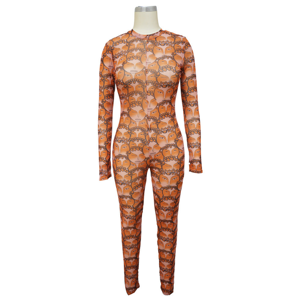 Women Printed Sexy See-Through Jumpsuit 9