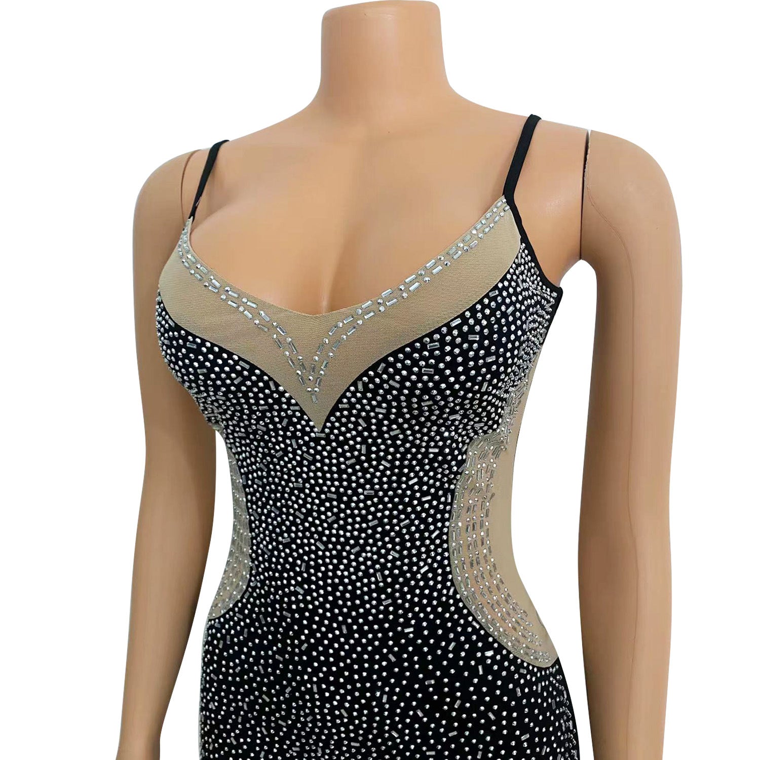 Autumn And Winter Women's Sexy V-Neck Mesh Beaded Patchwork Strap Dress 14