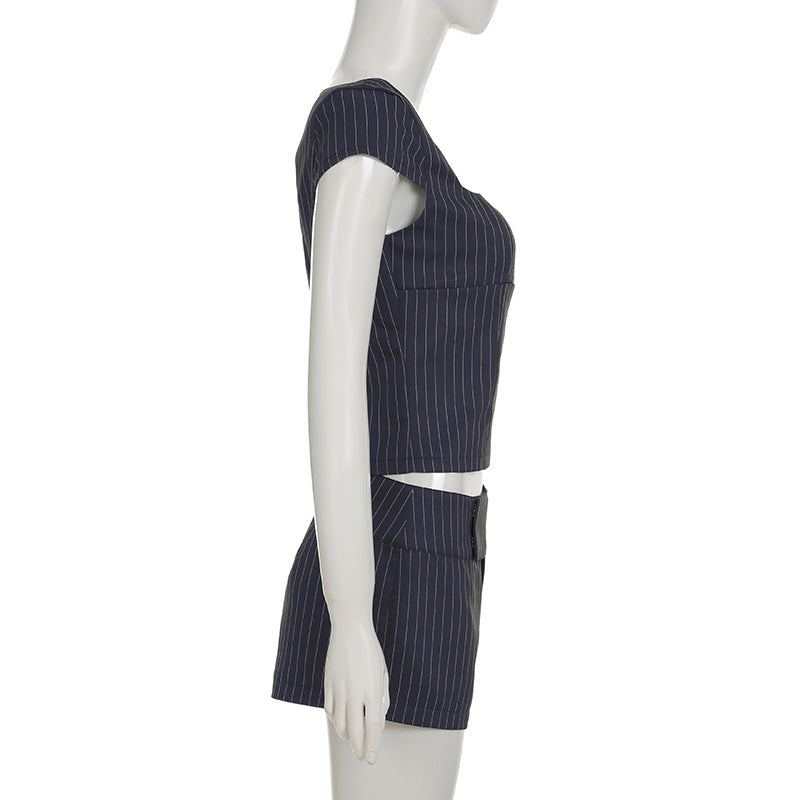 Casual Fashion Striped Low Back Top Shorts Casual Two-piece Set 9