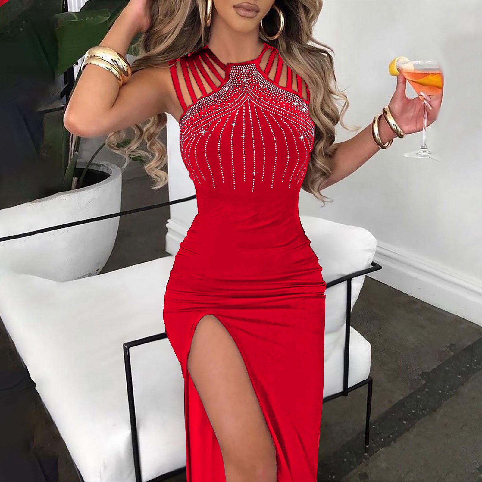 Women Beaded Slit Bodycon Dress 7