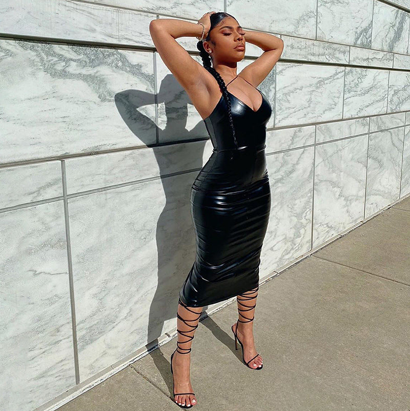 Women sexy Strap v-neck slit pu Leather Midi Dress 8