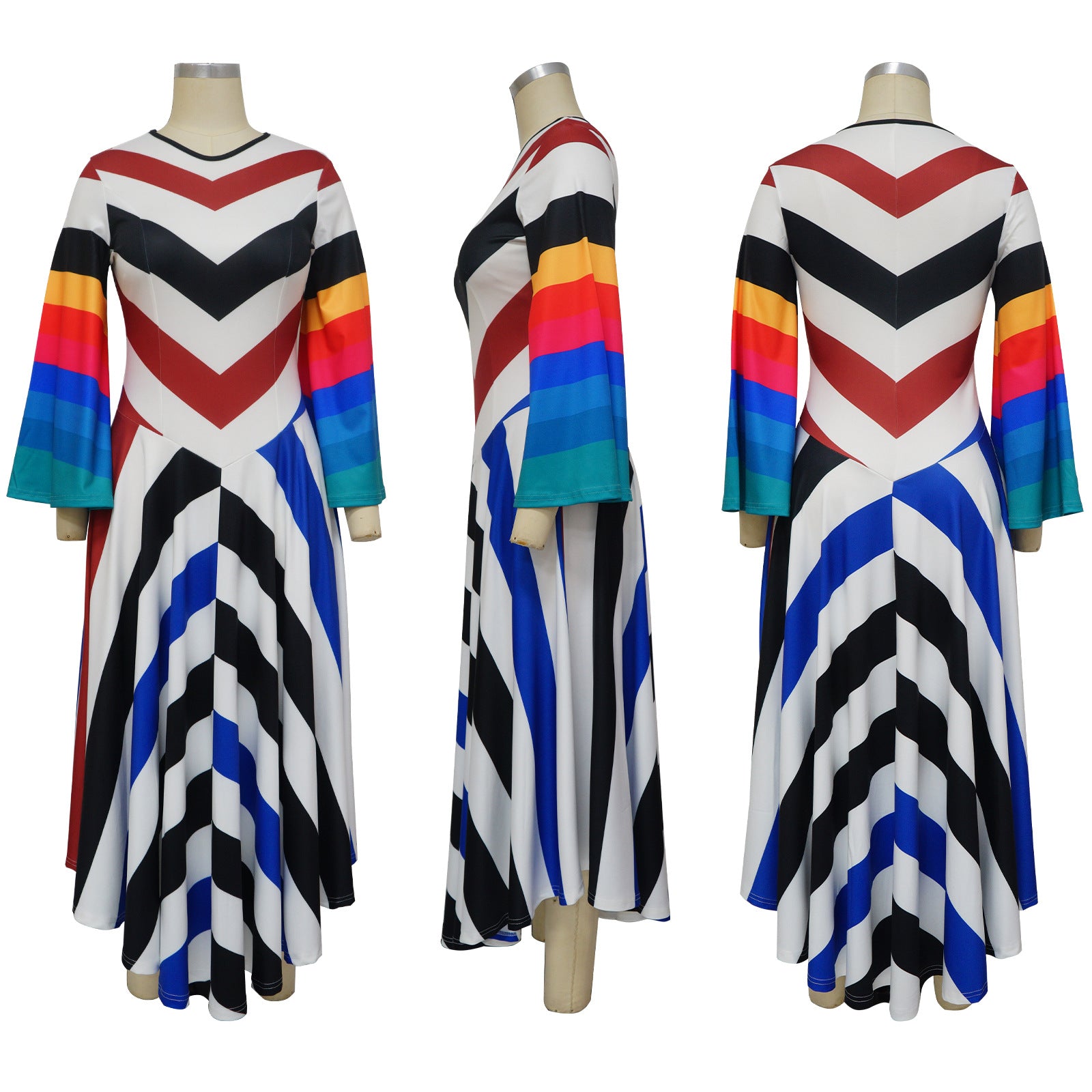 Women's Fashion V Neck Bell Bottom Sleeves Contrast Color Maxi Dress Slim Waist Dress 26