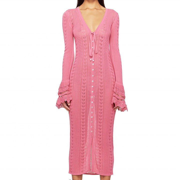 Women's V-Neck Bell-Bottom Sleeve Knitting Dress 4