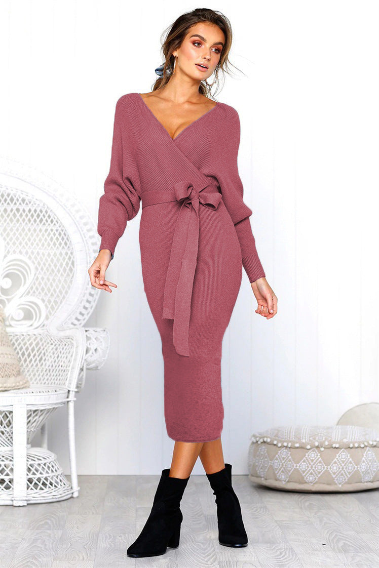 Spring Sexy V-Neck Lace-Up Long-Sleeved Women's Dress