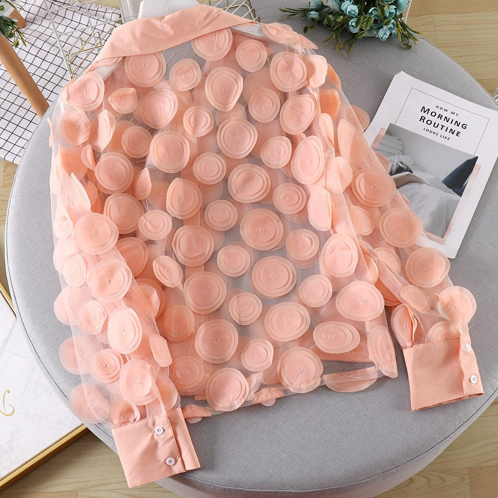 French Palace Style Flower Stage Dress Ladies Chiffon Shirt Hollow Lantern Sleeve Trendy Mesh Shirt Women