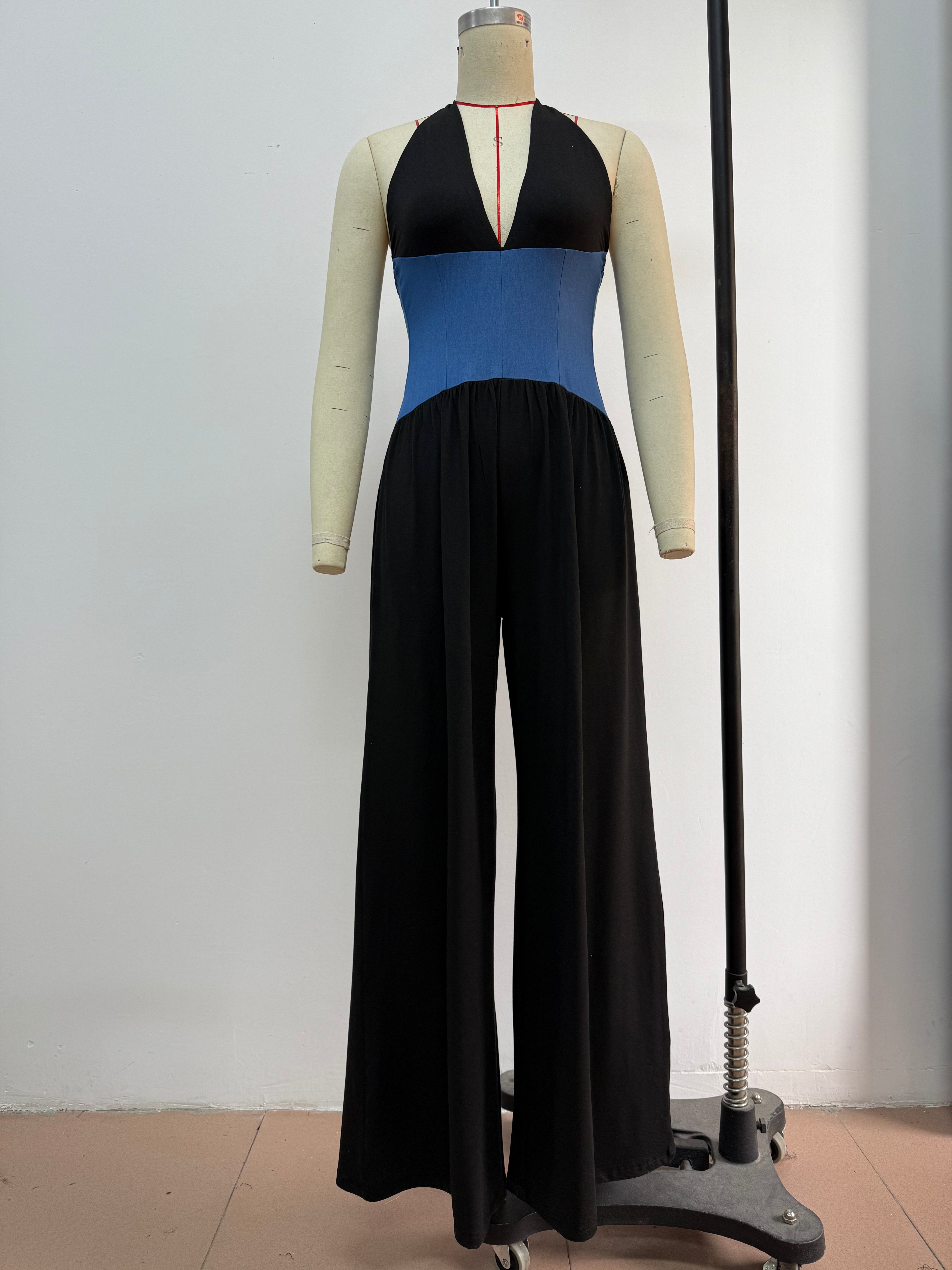 Women Halter Neck Sleeveless Patchwork Wide-leg Jumpsuits 3