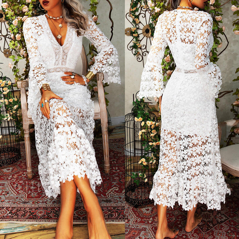 Autumn Women Sexy See-Through Lace Long-Sleeved V-Neck Long-Sleeved Dress 3