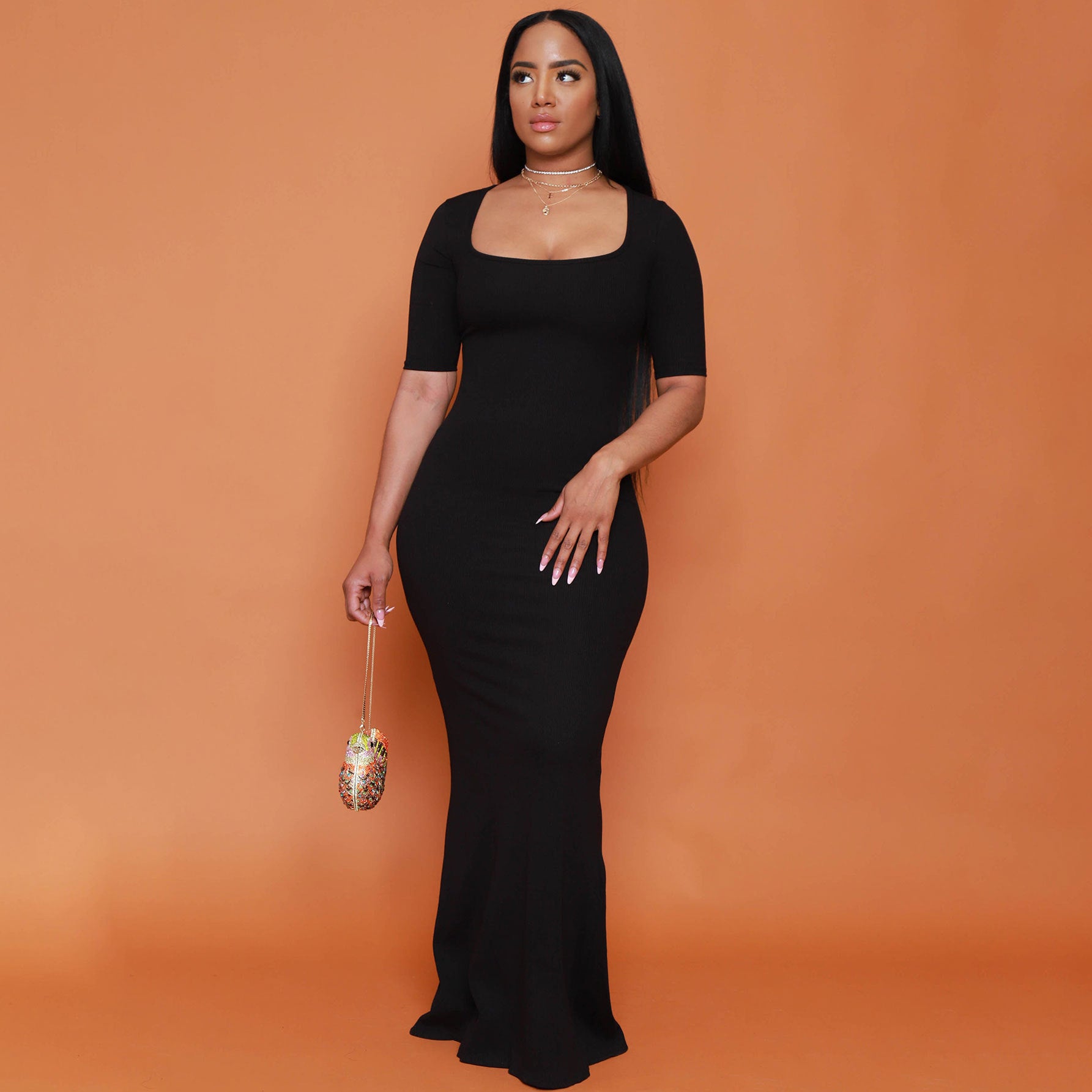 Women U-neck Short Sleeve Solid Ribbed Maxi Dress 12