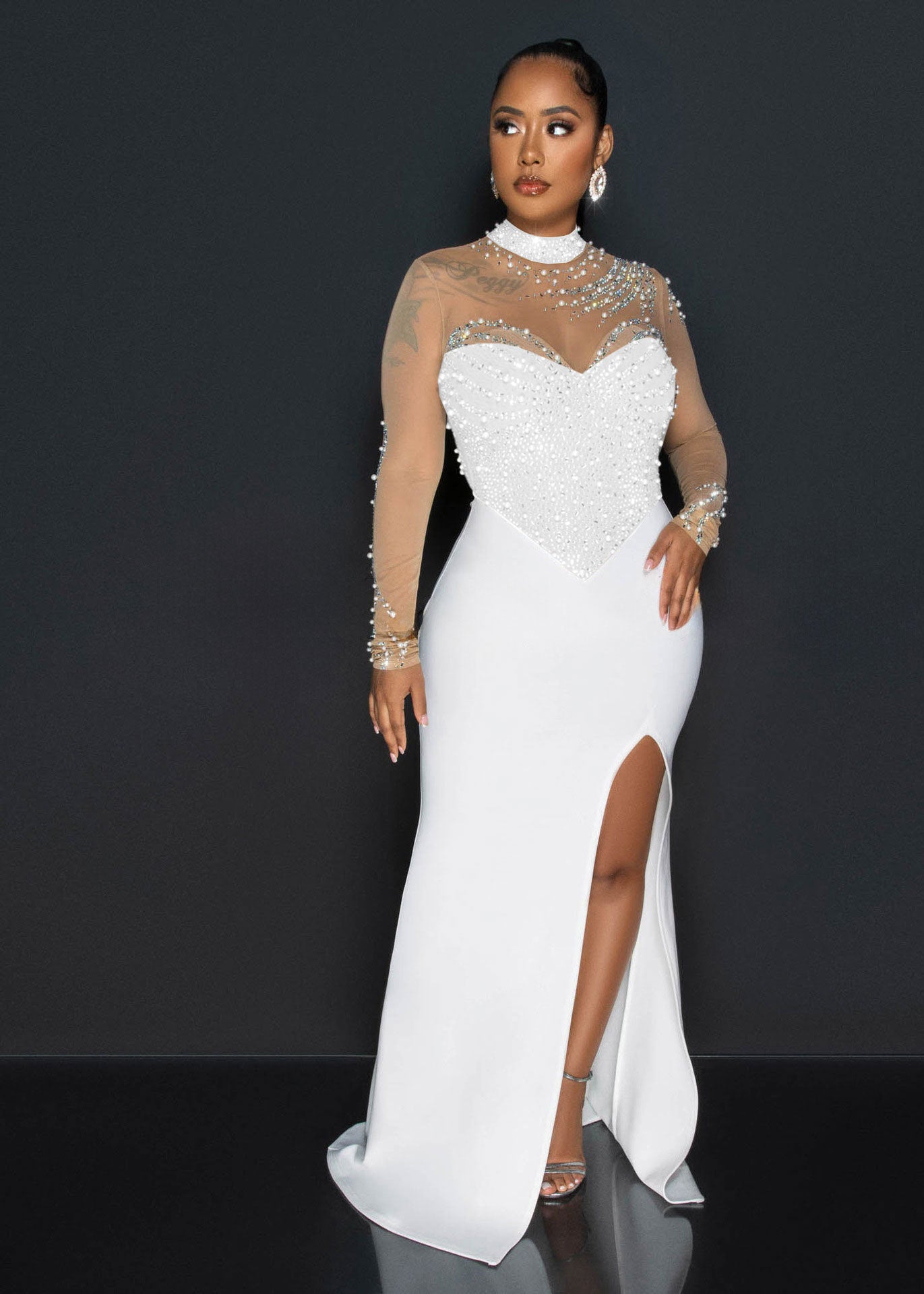 Women Beaded See-Through Bodycon Stretch Slit Dress 12