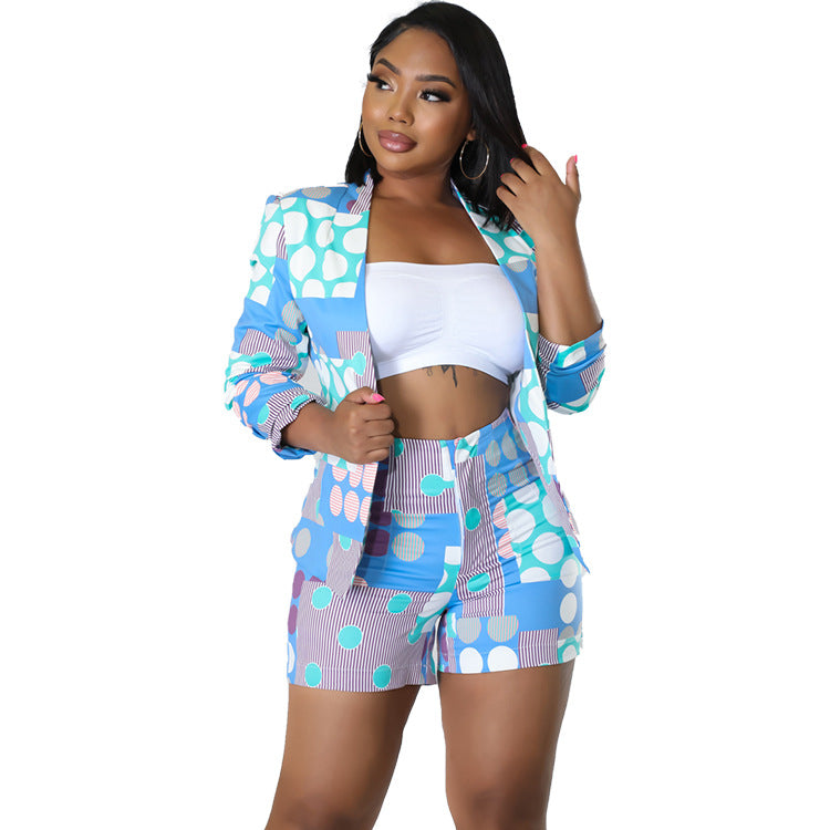 Women's Shorts Sexy Chic Fashion Casual Turndown Collar Print Blazer Set 7