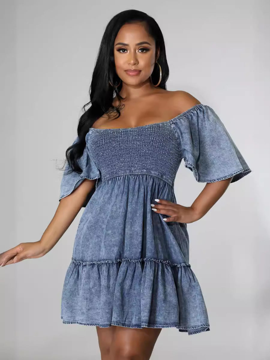 Summer Casual Off Shoulder Short-Sleeved Loose Denim Dress 4