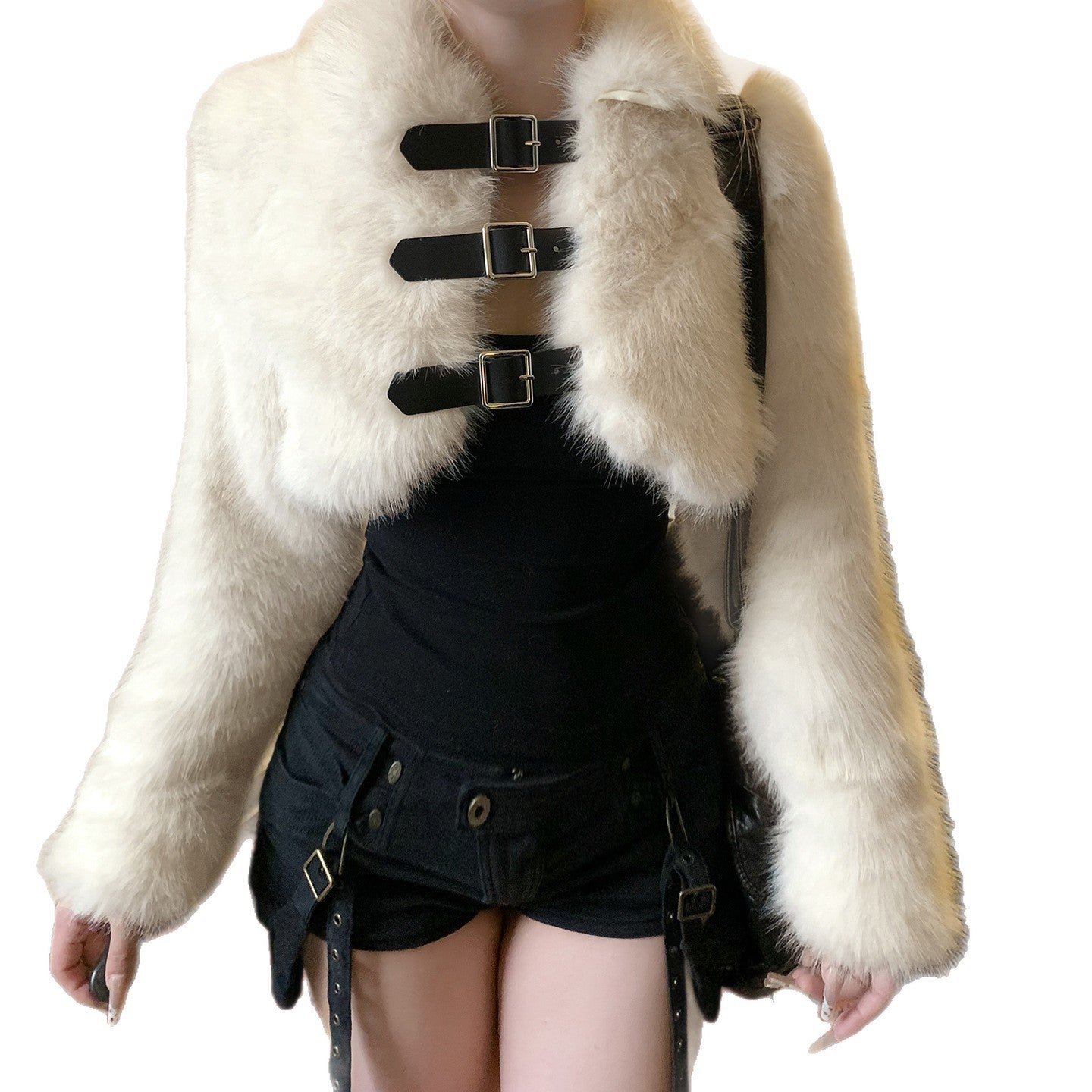 Women fall/winter faux furry metal Pu-Leather buttoned turndown collar top 6