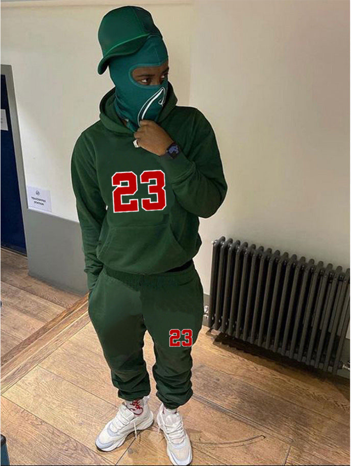 Spring And Winter Print Loose Men's Hoodies Pants Set 4