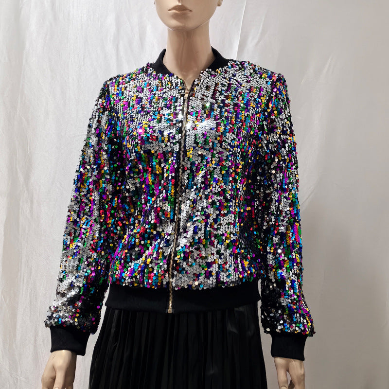 Women's Tops Fashion Color Block Sequin Style Short Zipper Jacket Coat 9