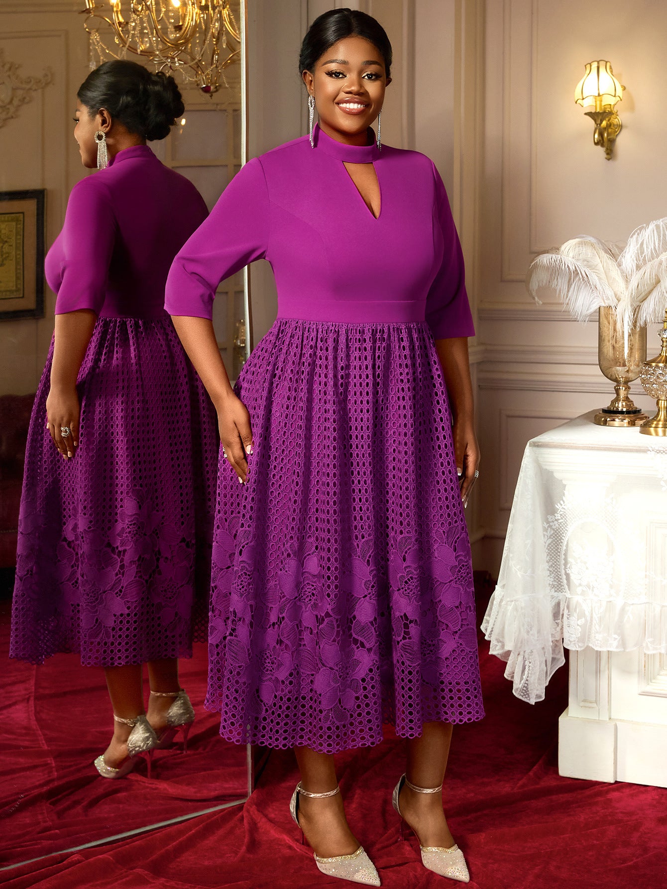 Plus Size Patchwork Lace High-Neck A-Line 3/4 Sleeve Elegant Dress